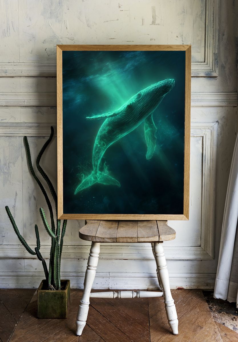 Glowing Humpback Whale Digital Art Poster. — room view 1