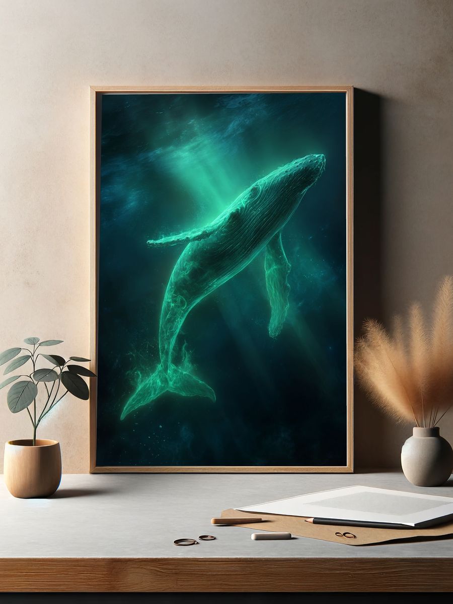 Glowing Humpback Whale Digital Art Poster. — room view 2