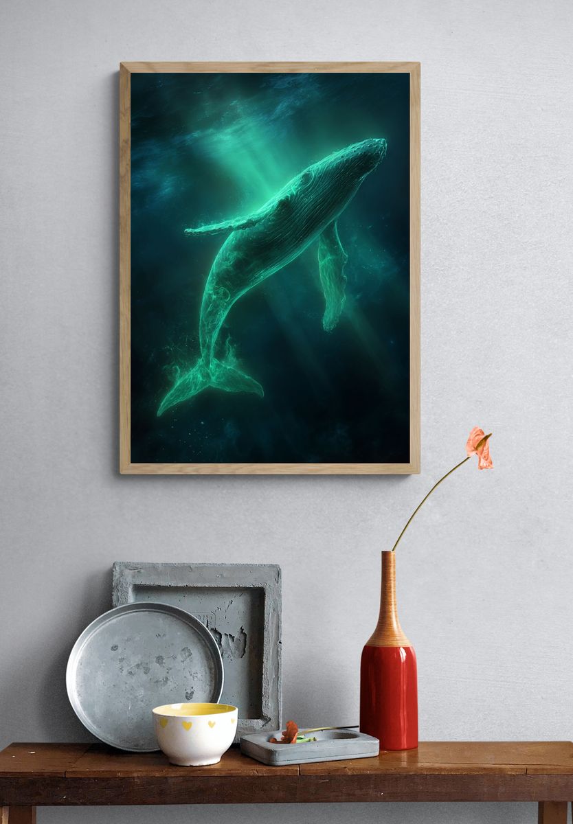 Glowing Humpback Whale Digital Art Poster. — room view 3
