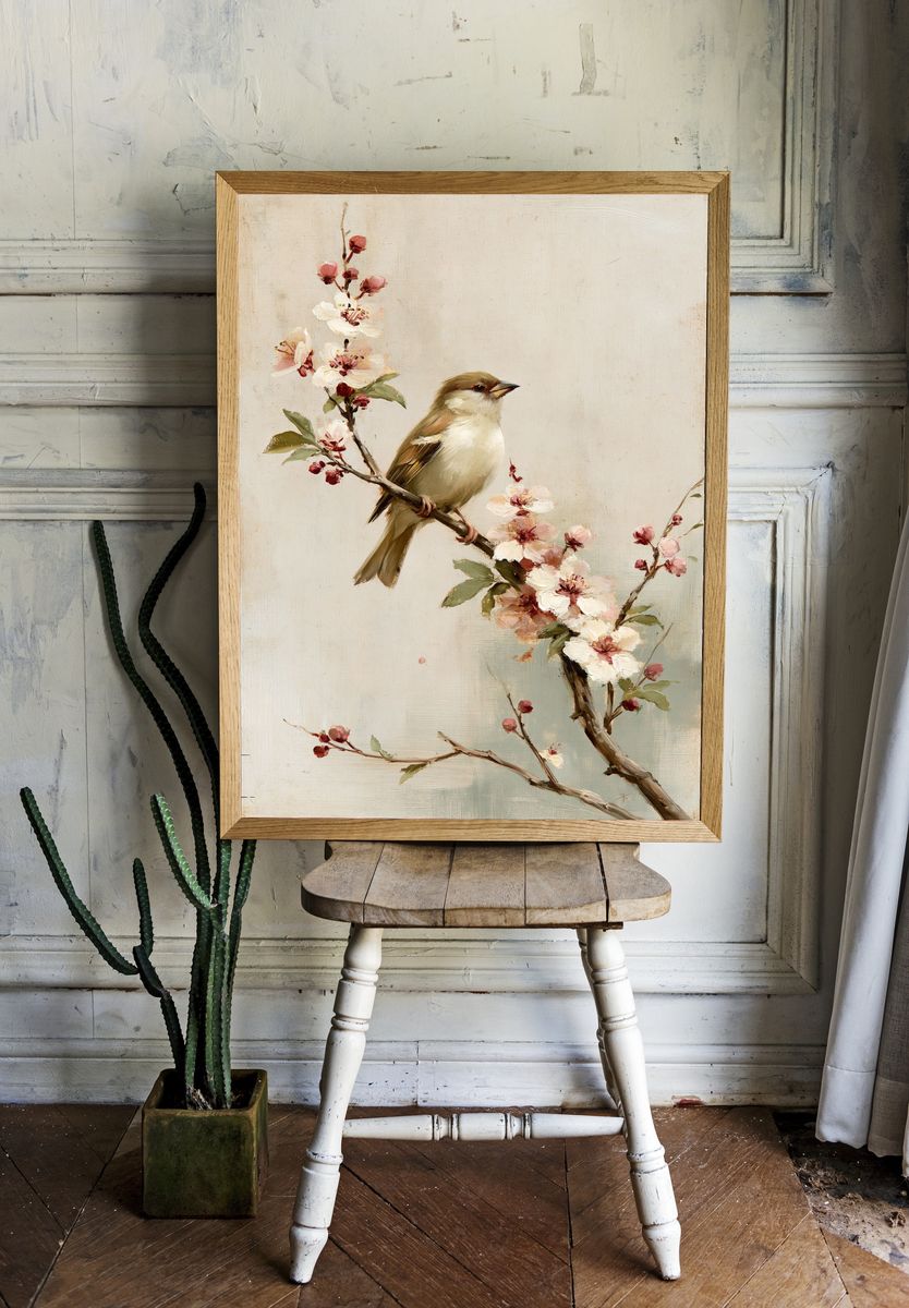 Bird on Blossom Branch Fine-Art Print. — room view 1