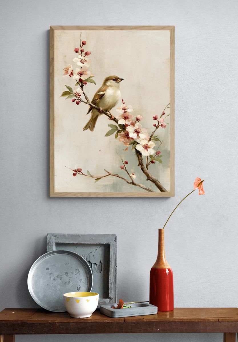 Bird on Blossom Branch Fine-Art Print. — room view 3