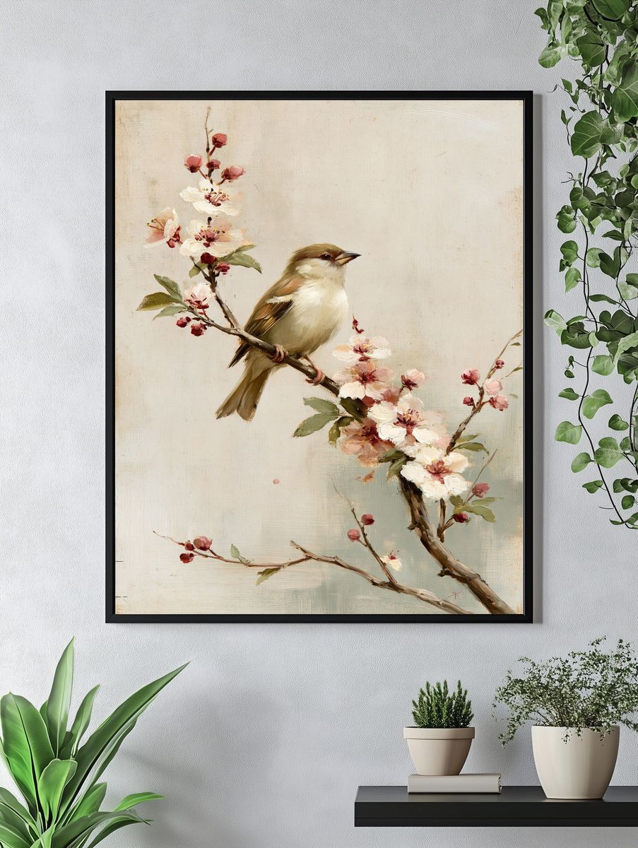 Bird on Blossom Branch Fine-Art Print. — room view 4
