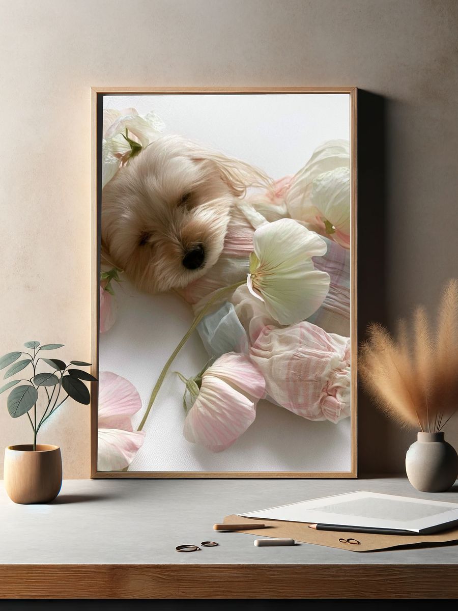 Floral Puppy Portrait Print. — room view 2