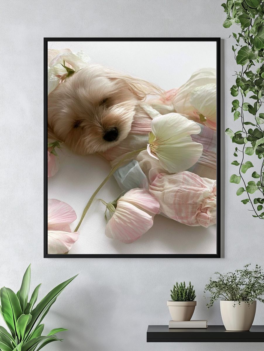 Floral Puppy Portrait Print. — room view 4