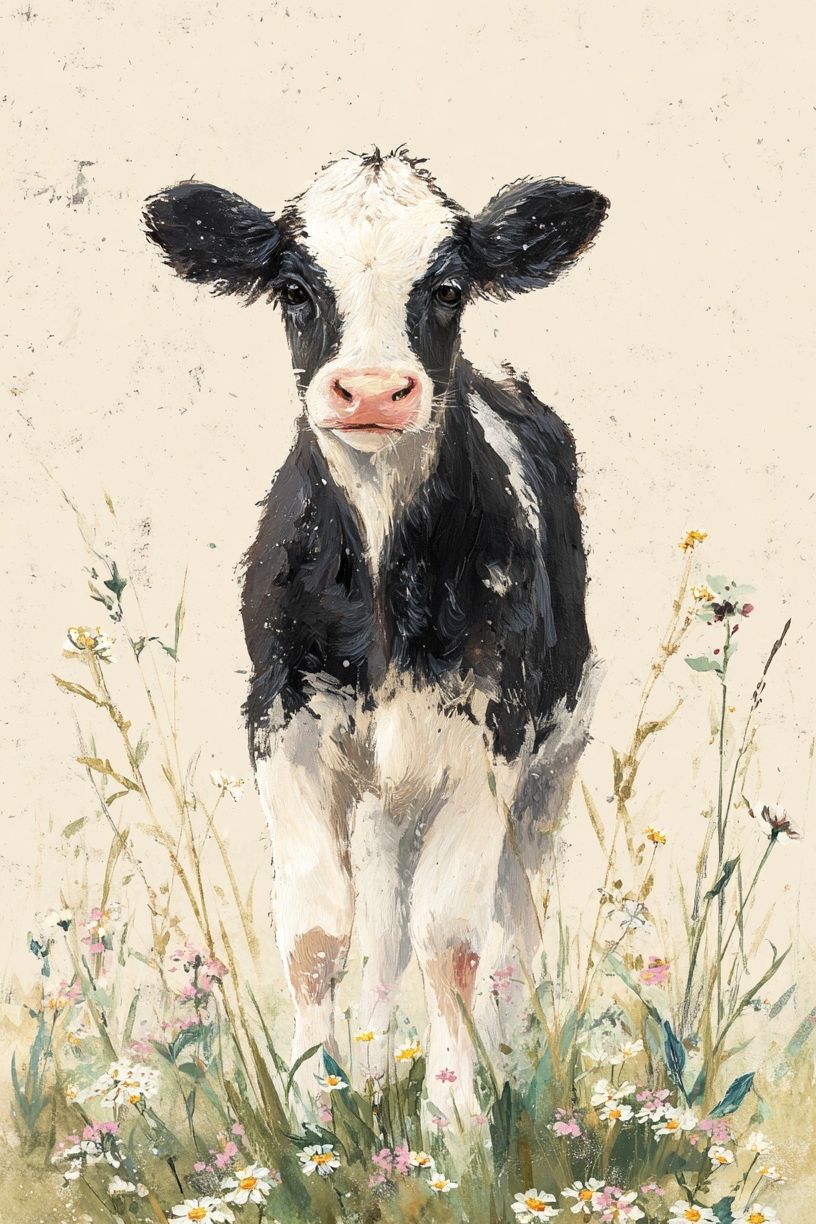 Calf in Wildflowers Watercolor Poster. poster — animals art
