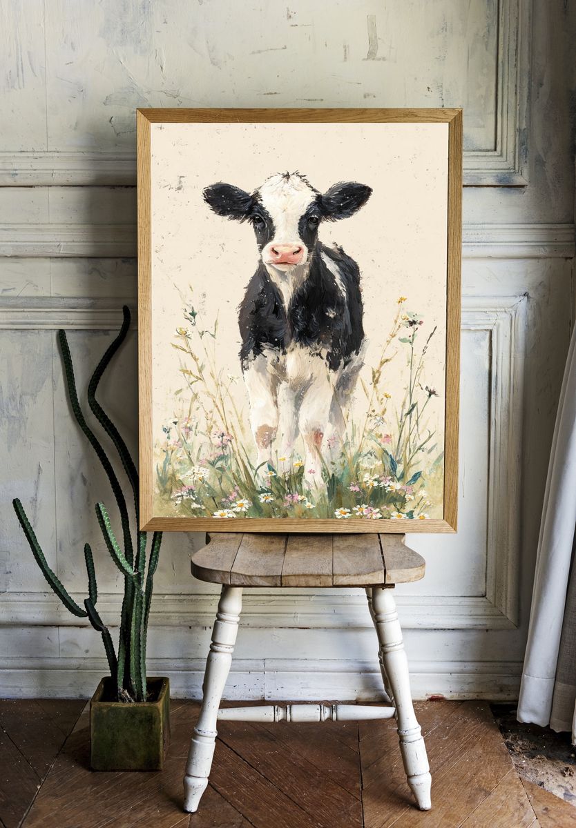 Calf in Wildflowers Watercolor Poster. — room view 1