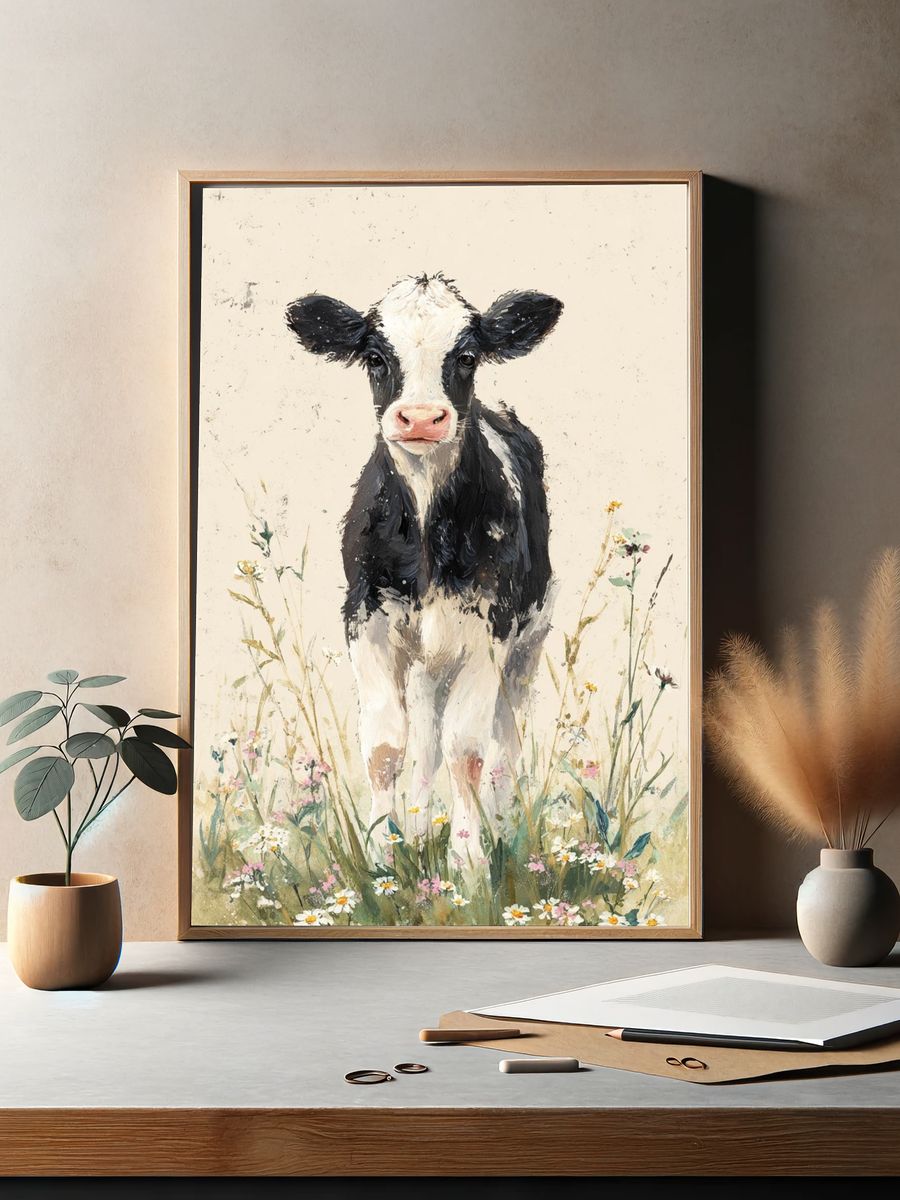 Calf in Wildflowers Watercolor Poster. — room view 2