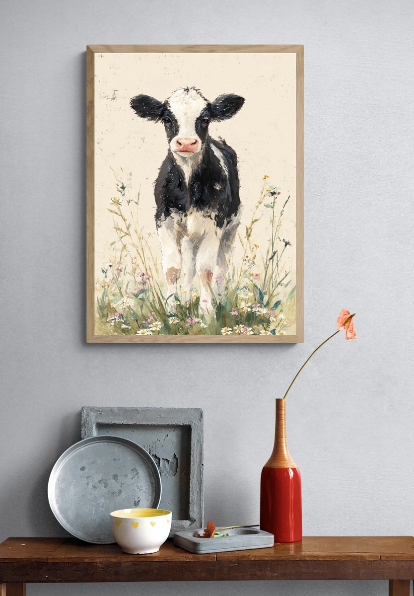 Calf in Wildflowers Watercolor Poster. — room view 3