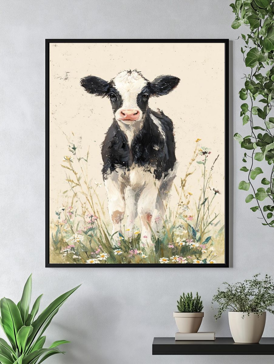 Calf in Wildflowers Watercolor Poster. — room view 4