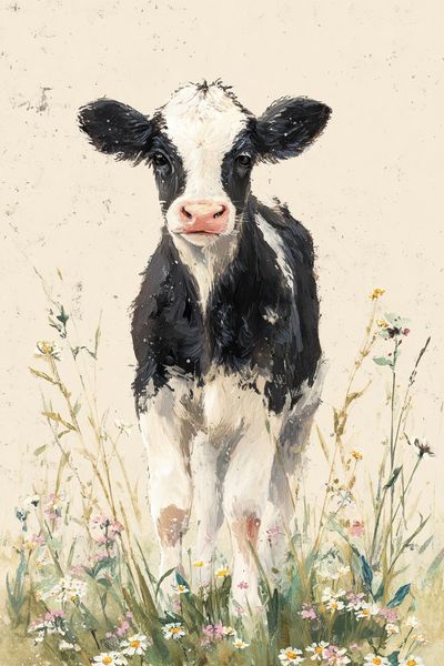 Calf in Wildflowers Watercolor Poster. poster print