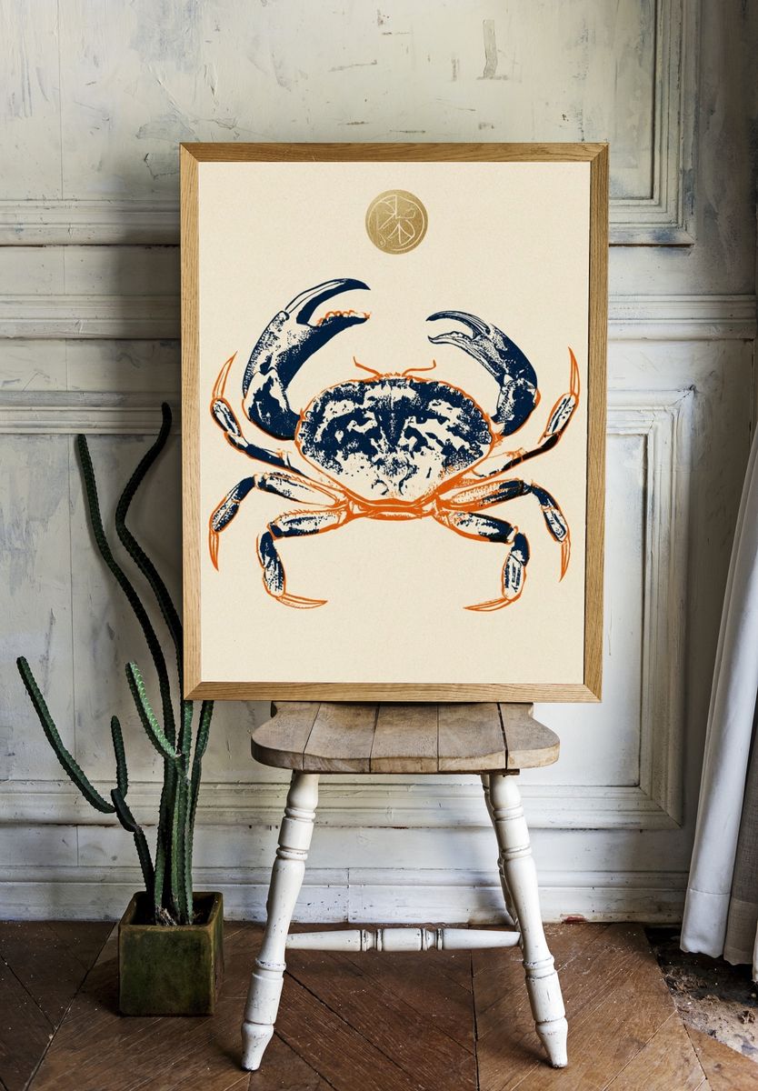 Blue Crab Ink Illustration Poster. — room view 1