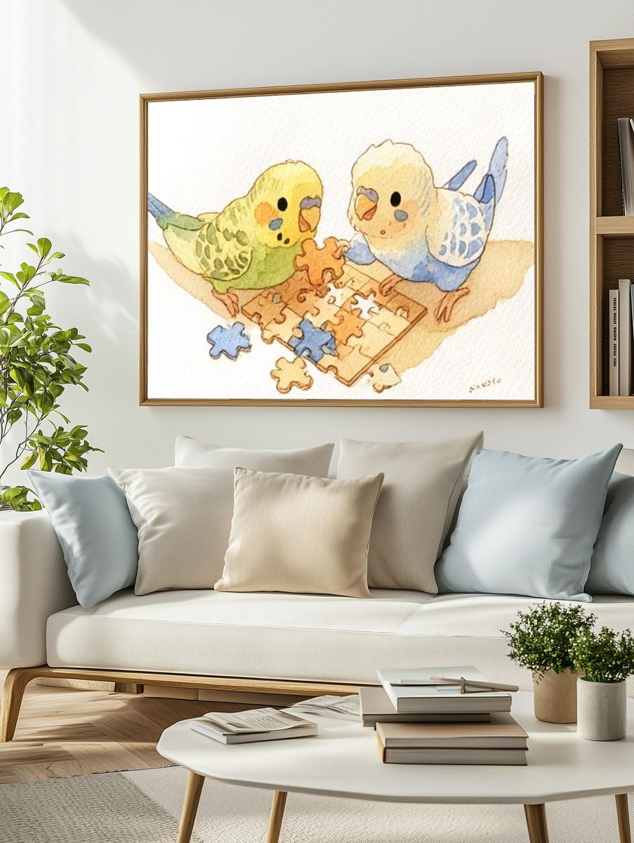 Budgie Puzzle Play Illustration Poster. — room view 2