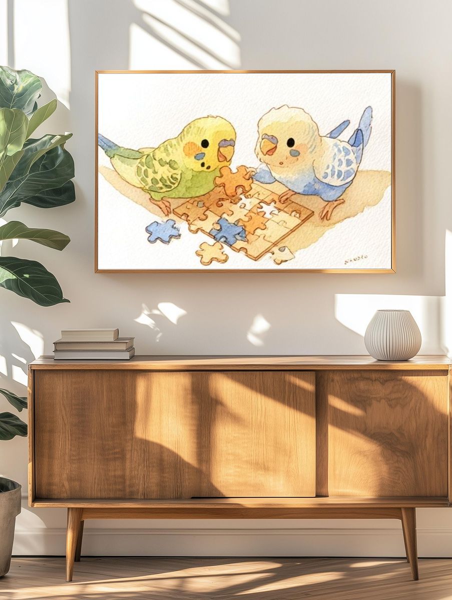Budgie Puzzle Play Illustration Poster. — room view 3
