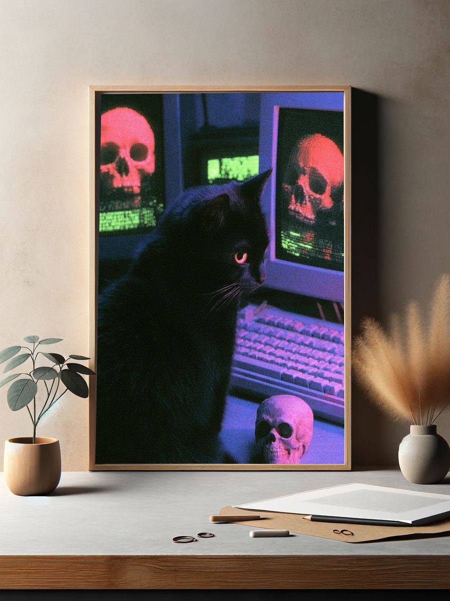 Neon Black Cat Horror Poster. — room view 2