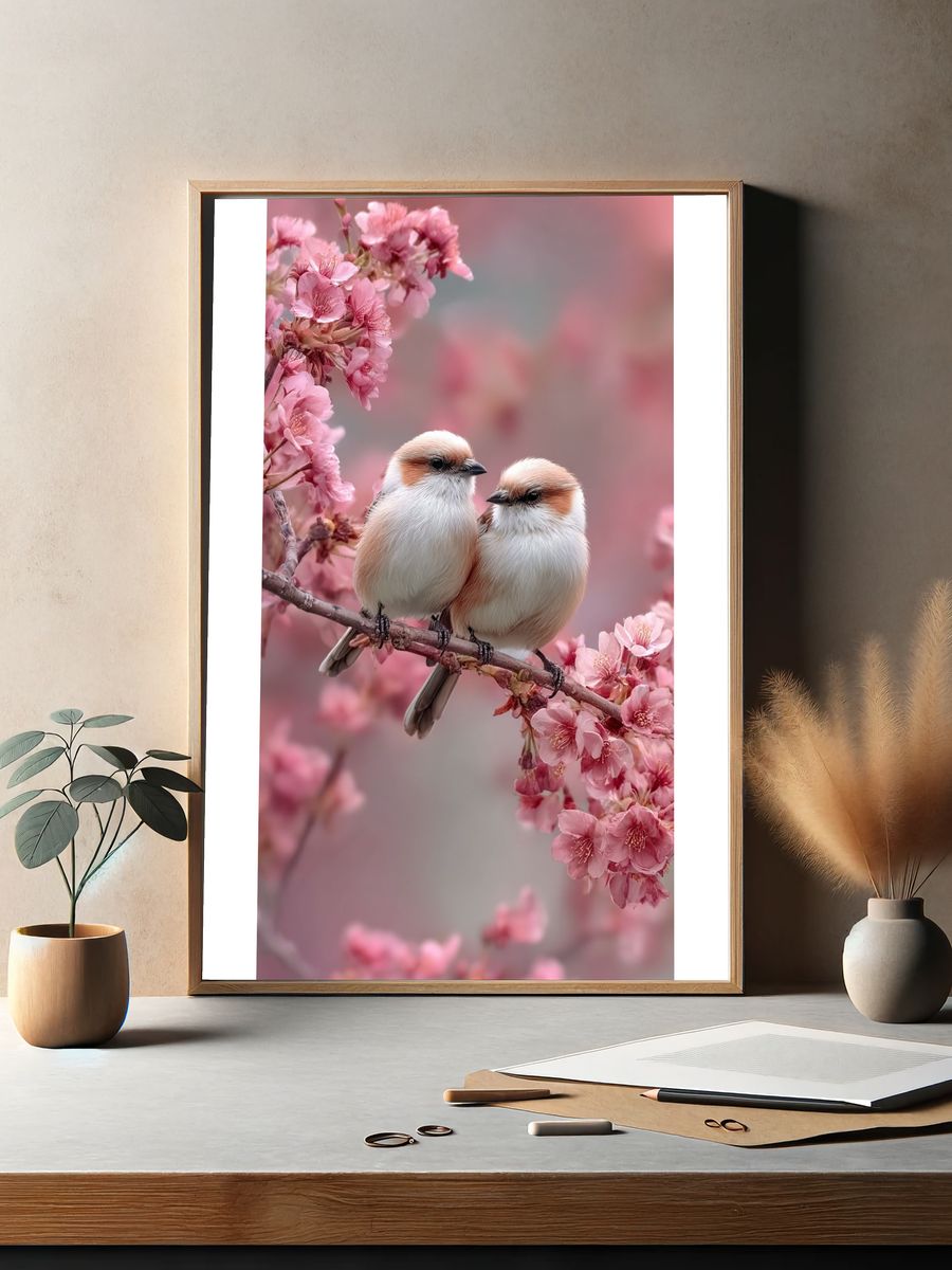 Cherry Blossom Birds Photography Poster. — room view 2