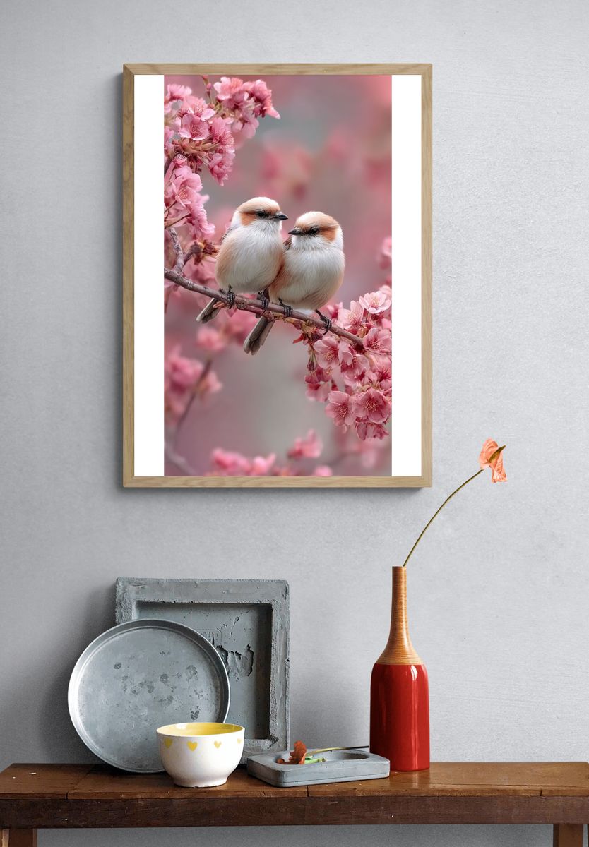Cherry Blossom Birds Photography Poster. — room view 3
