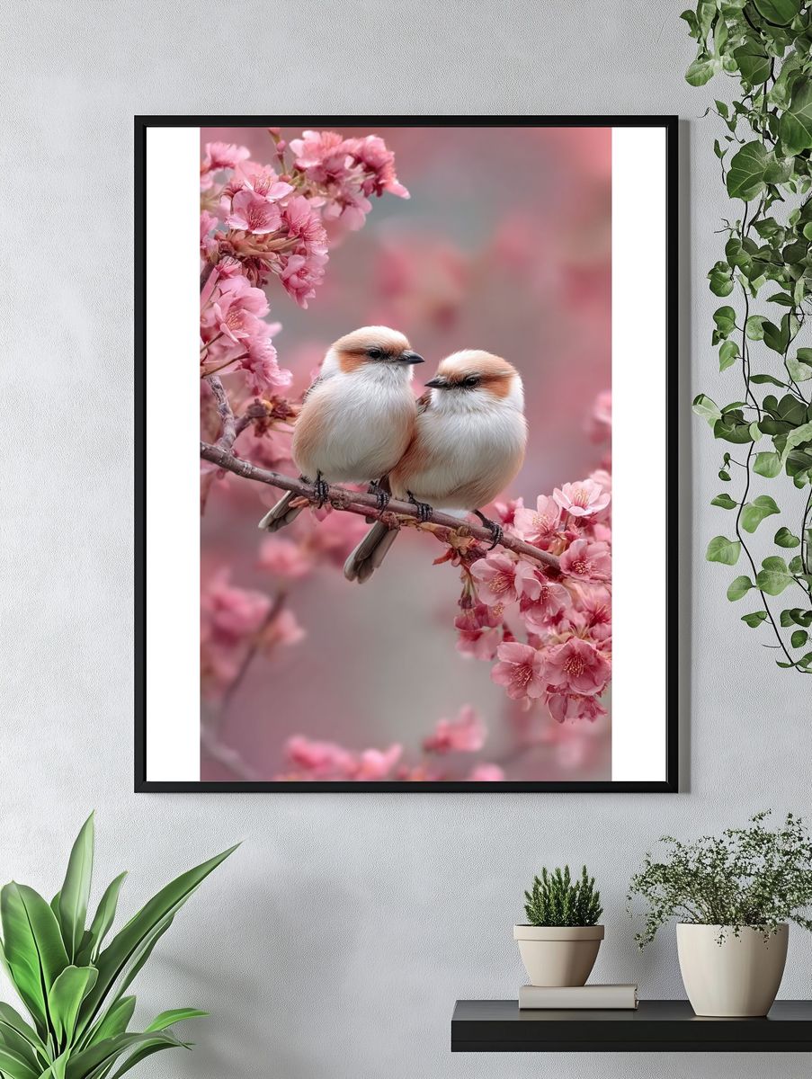 Cherry Blossom Birds Photography Poster. — room view 4