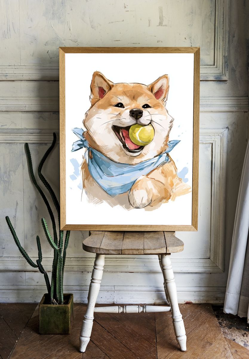 Shiba Inu with Ball Illustration Poster. — room view 1