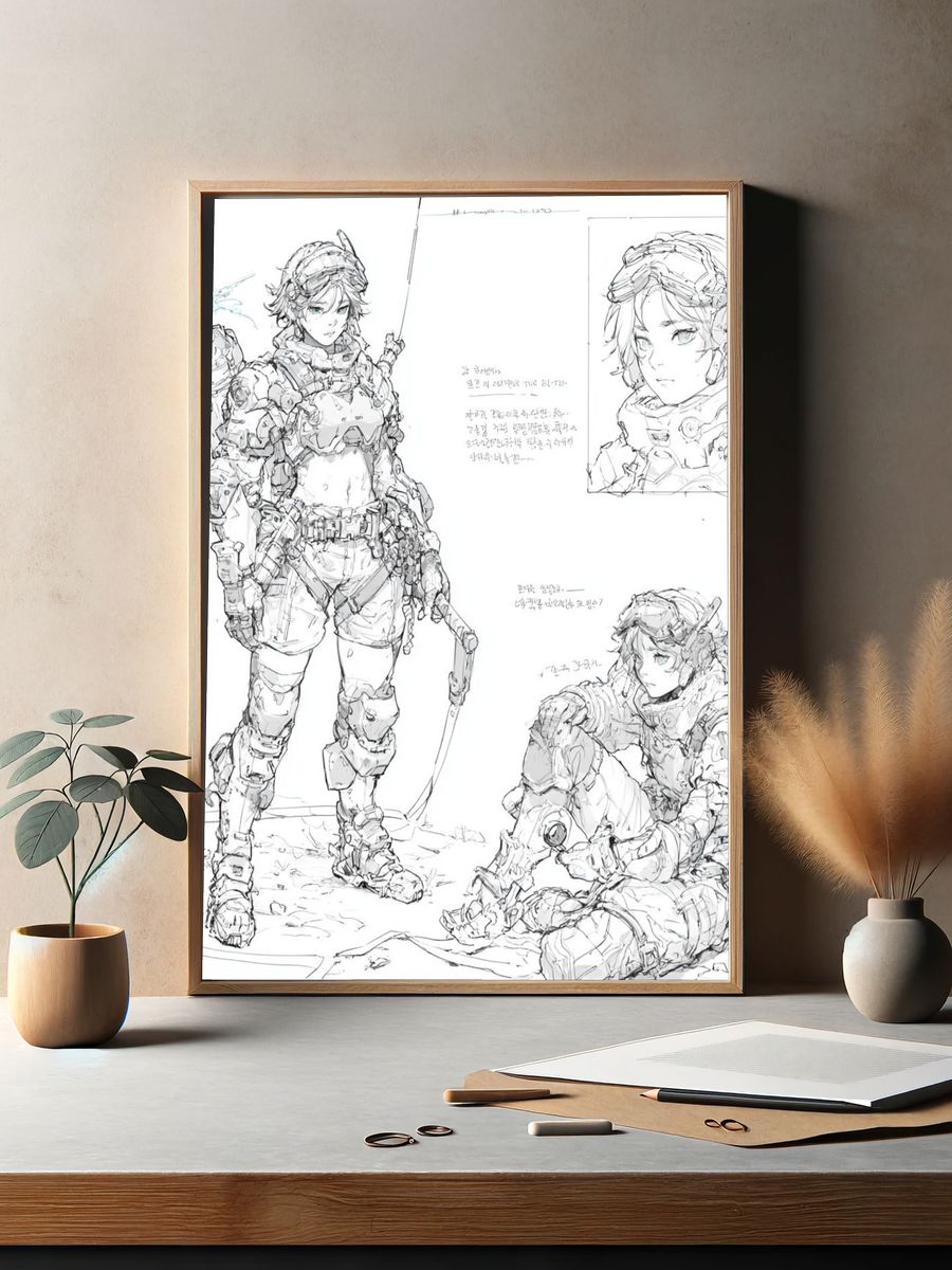 Armored Anime Warrior Sketch Poster. — room view 2