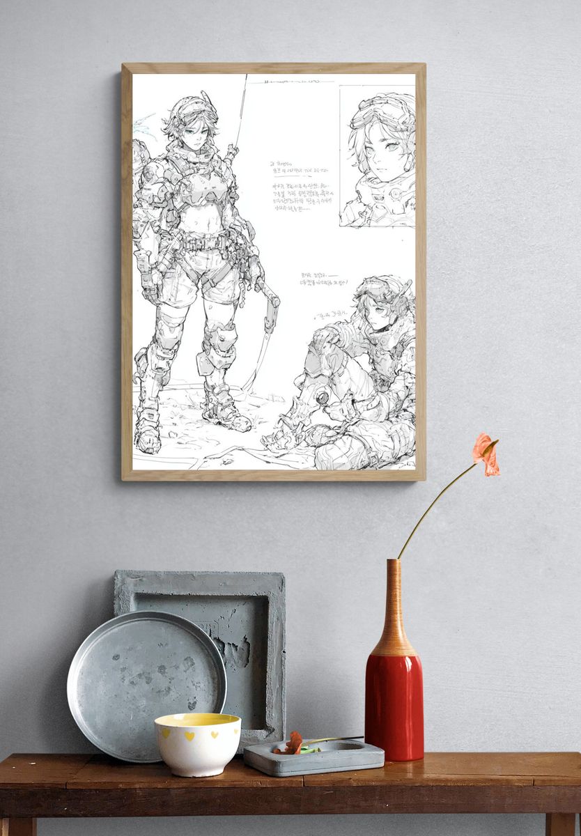 Armored Anime Warrior Sketch Poster. — room view 3
