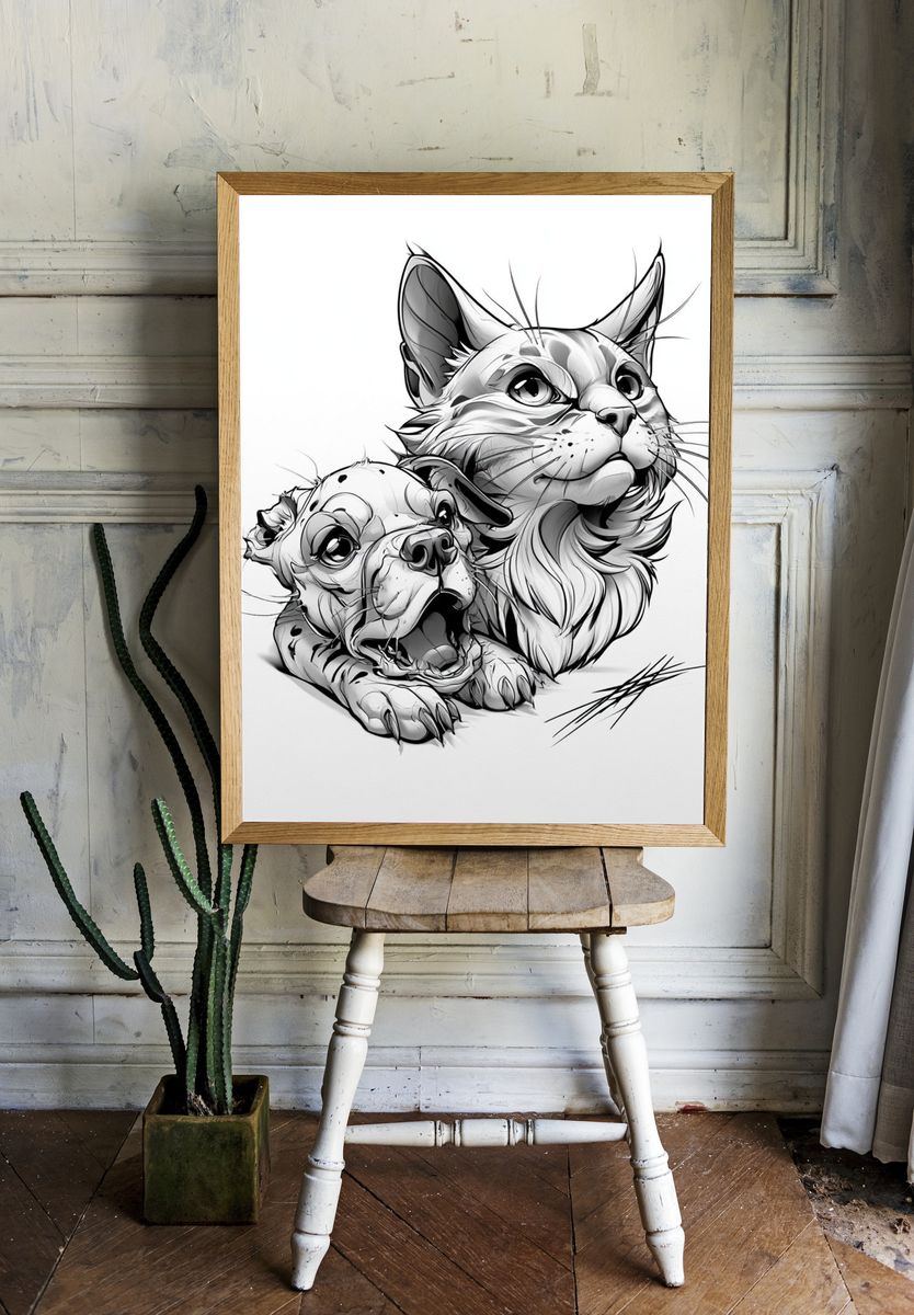 Cat and Dog Sketch Poster. room preview