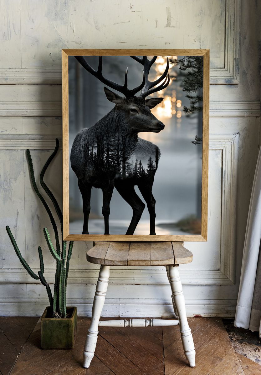 Majestic Deer Forest Print. room preview