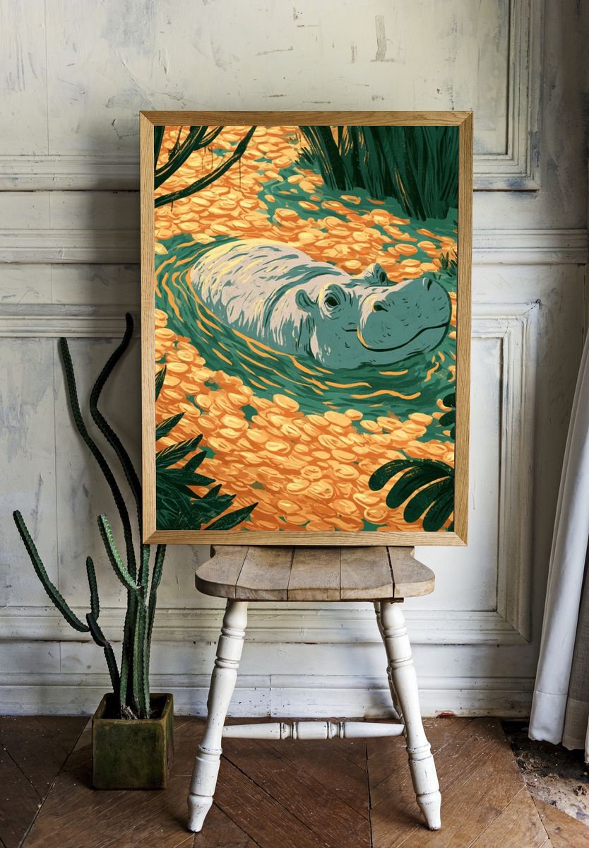 Hippo Lagoon Illustration Poster. room preview