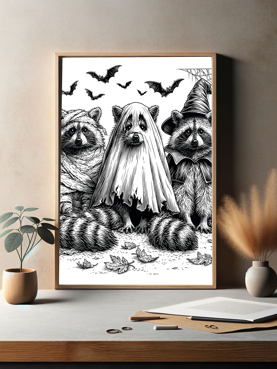 Halloween Raccoons Illustration Poster. — room view 2