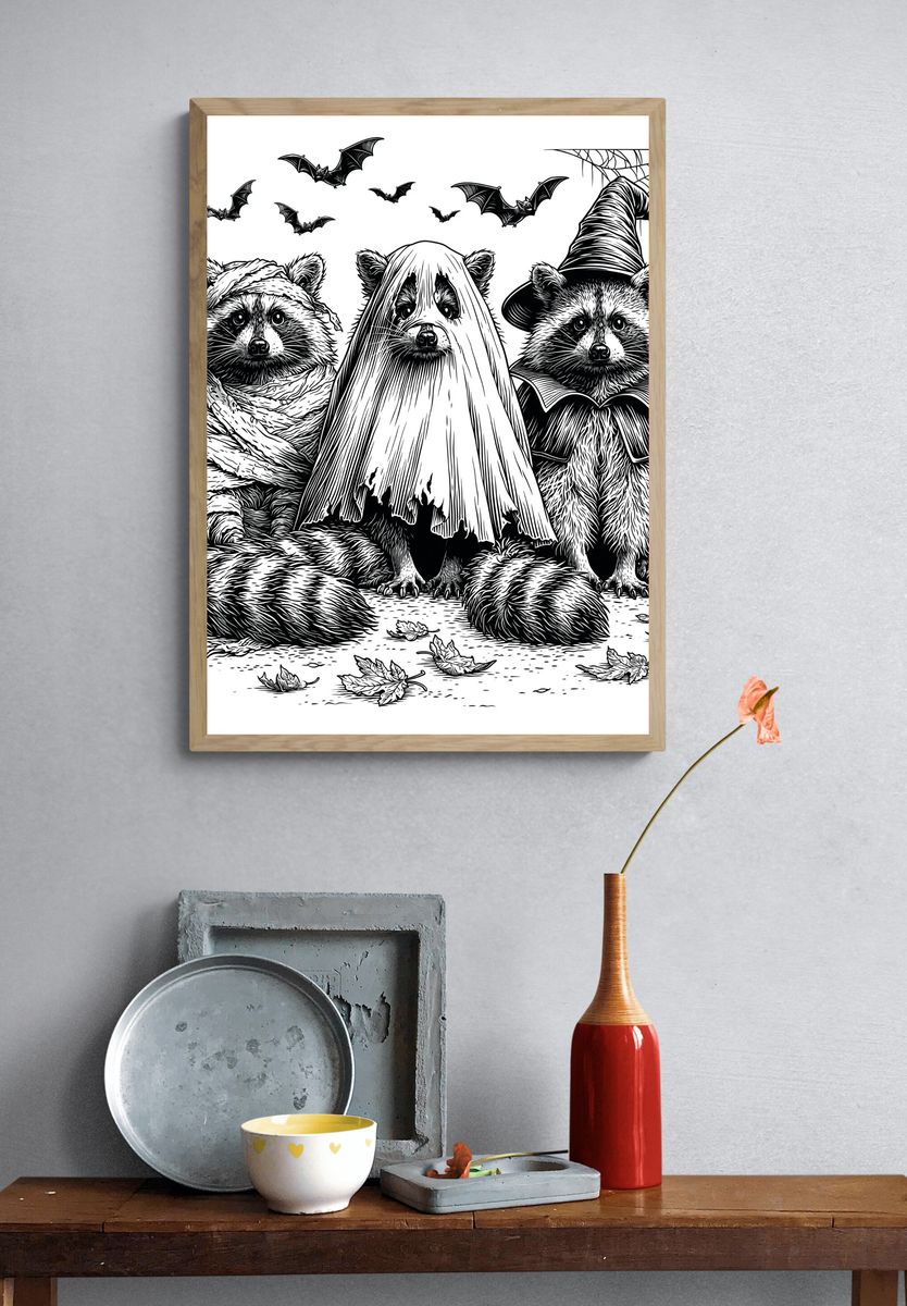Halloween Raccoons Illustration Poster. — room view 3