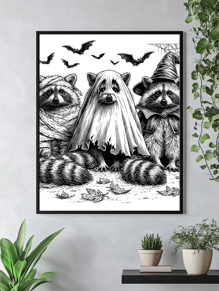 Halloween Raccoons Illustration Poster. — room view 4