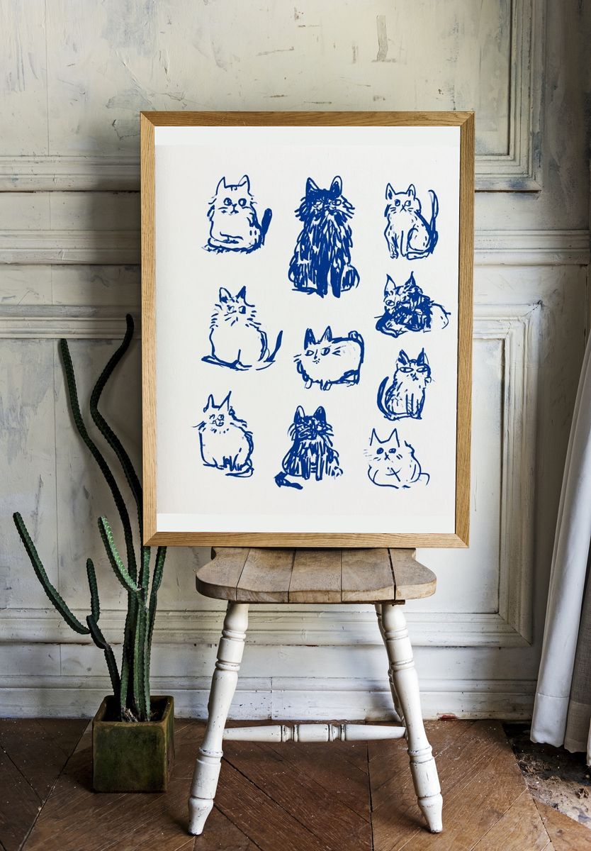 Blue Cat Sketches Illustration Poster. room preview