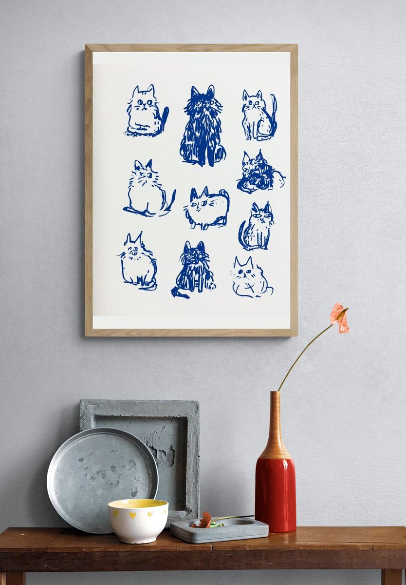 Blue Cat Sketches Illustration Poster. — room view 3