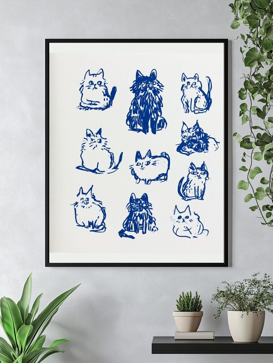 Blue Cat Sketches Illustration Poster. — room view 4