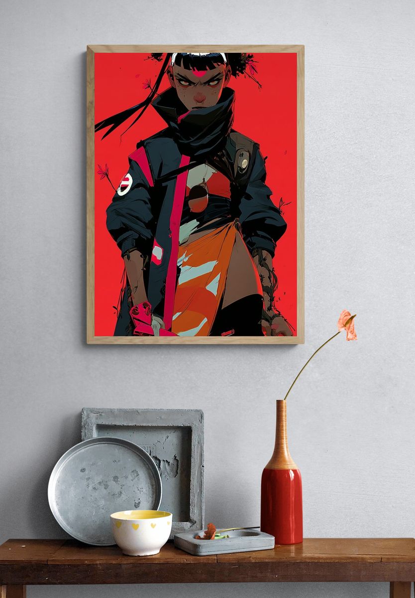 Anime Warrior Red Background Poster. — room view 3