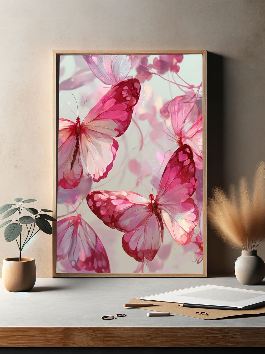 Pink Butterflies Illustration Poster. — room view 2