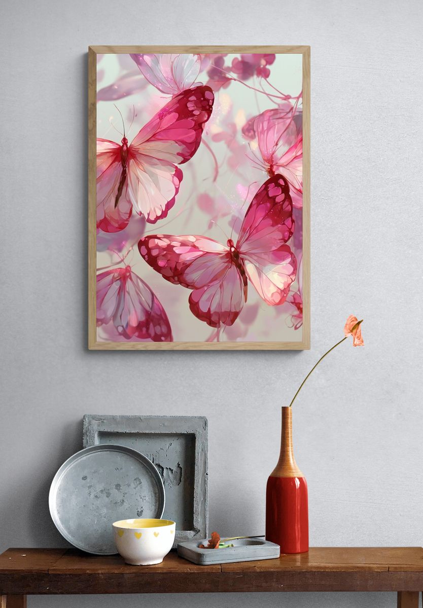 Pink Butterflies Illustration Poster. — room view 3