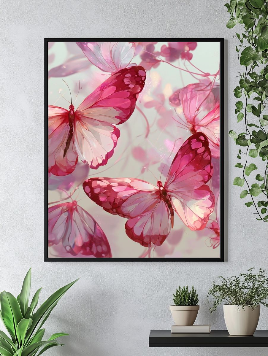 Pink Butterflies Illustration Poster. — room view 4