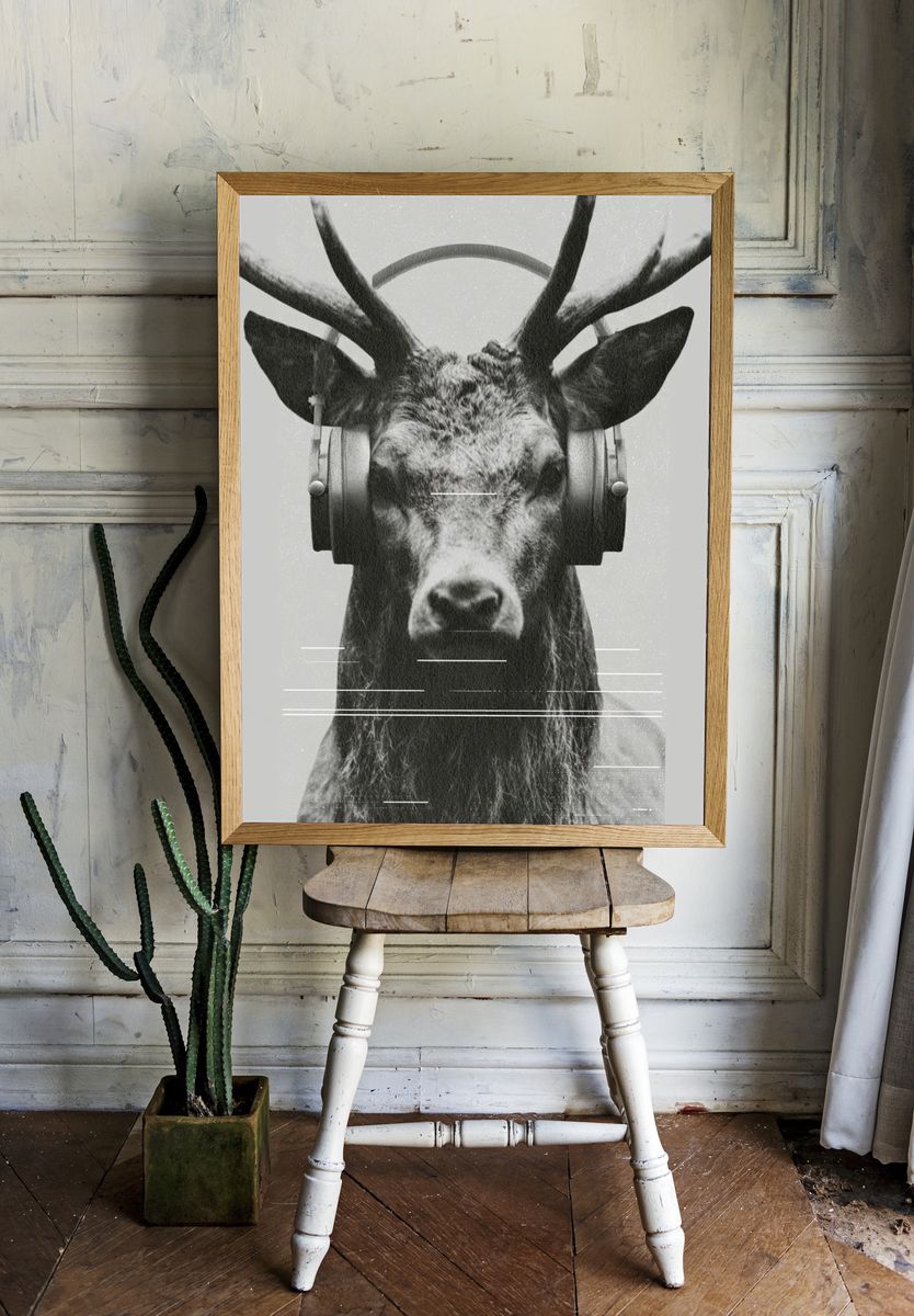 Headphone Deer Photography Poster. room preview