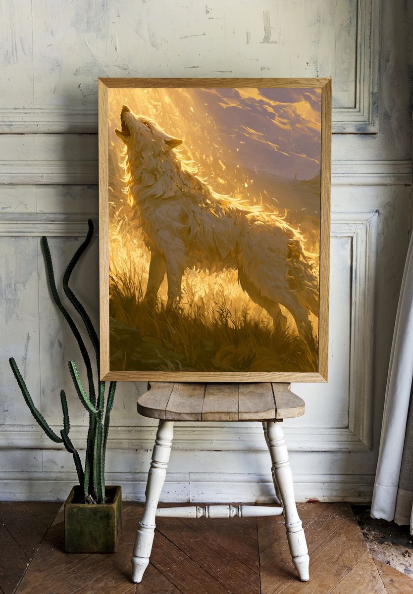 Howling Wolf Golden Light Print. room preview