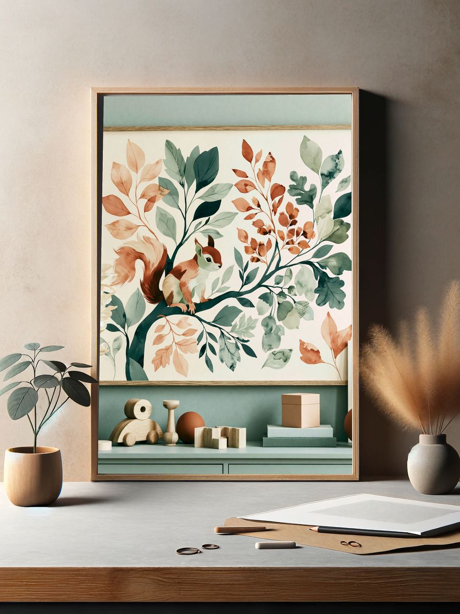 Squirrel in Botanical Watercolor Poster. — room view 2