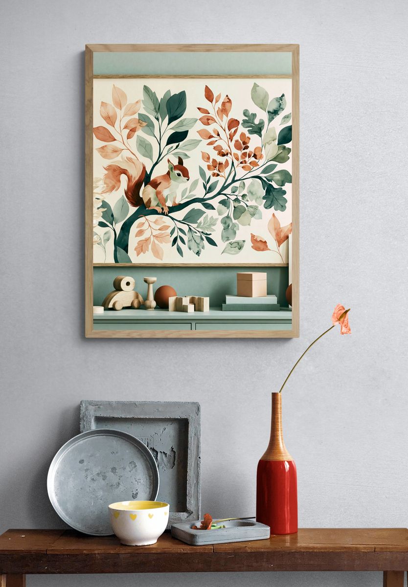 Squirrel in Botanical Watercolor Poster. — room view 3