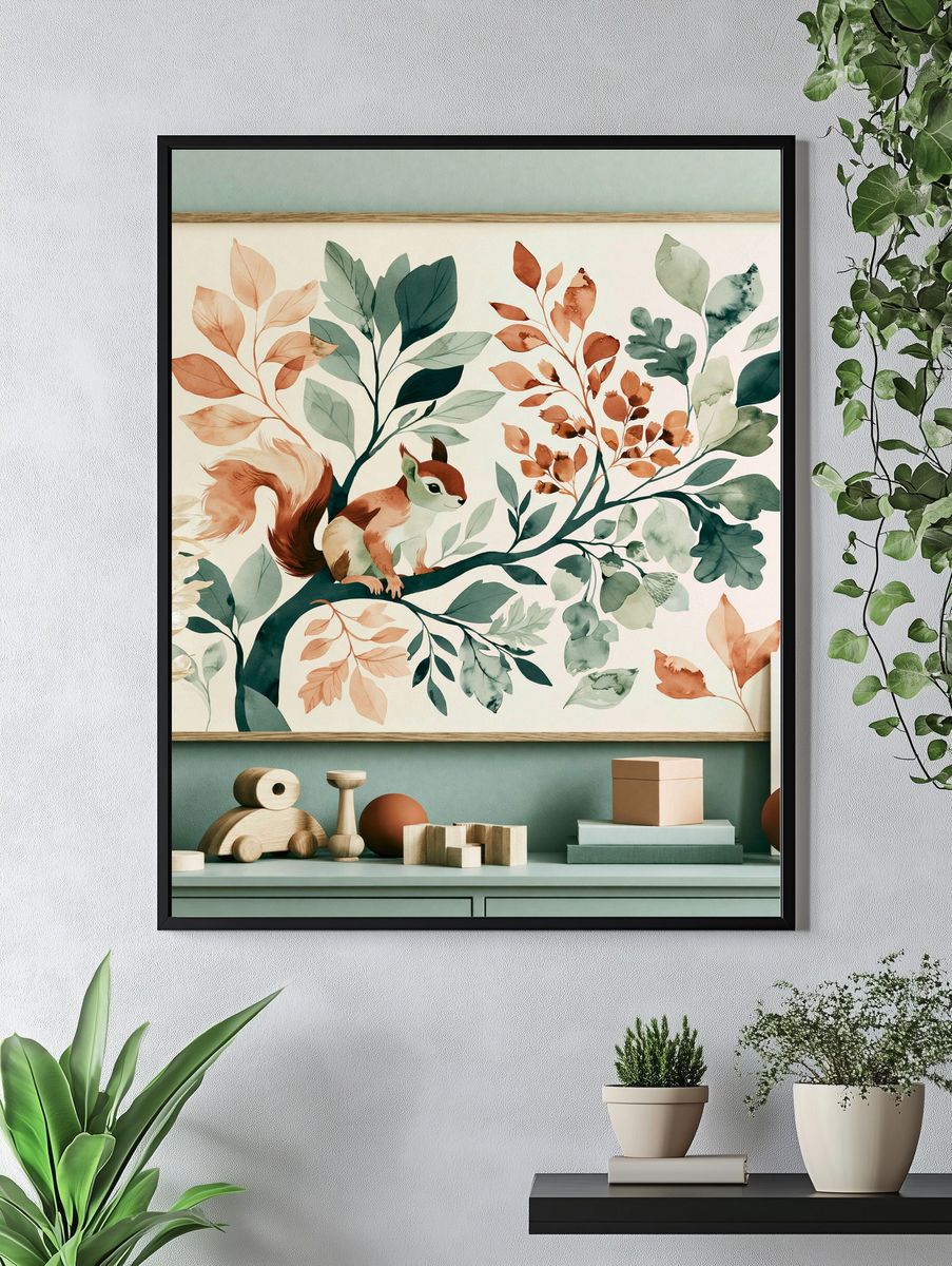 Squirrel in Botanical Watercolor Poster. — room view 4