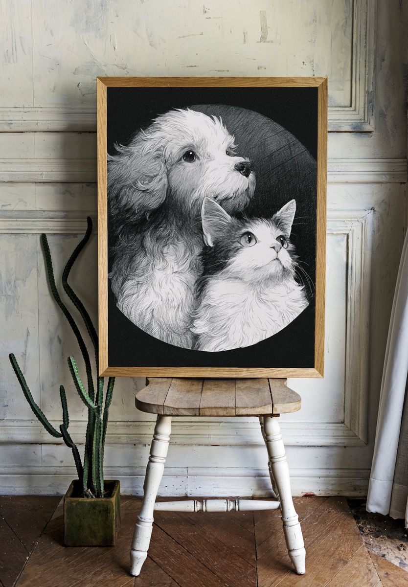 Puppy and Kitten Portrait Print. room preview