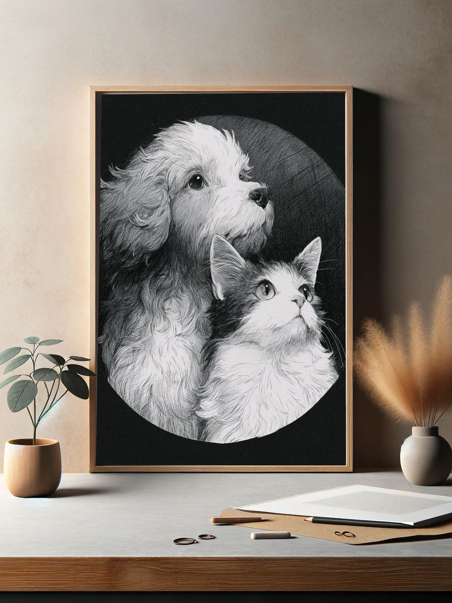Puppy and Kitten Portrait Print. — room view 2