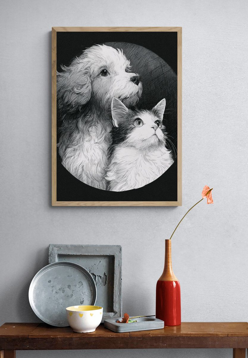 Puppy and Kitten Portrait Print. — room view 3