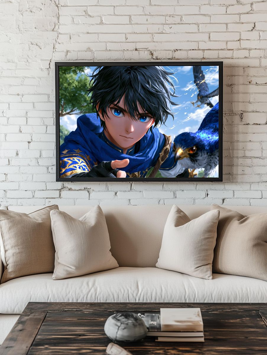 Blue-Eyed Falcon Rider Anime Print. room preview