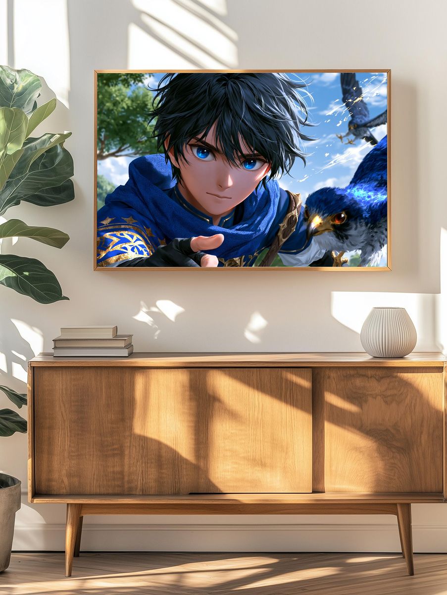 Blue-Eyed Falcon Rider Anime Print. — room view 3