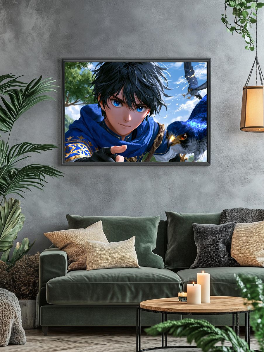 Blue-Eyed Falcon Rider Anime Print. — room view 4