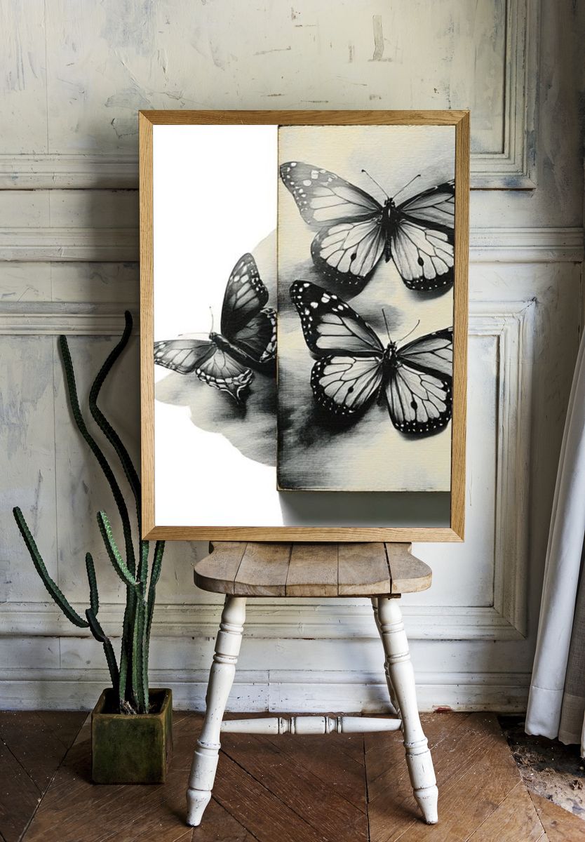 Monochrome Butterfly Study Print. room preview