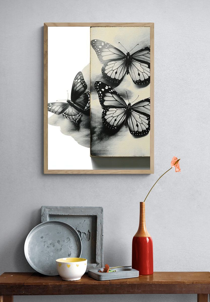 Monochrome Butterfly Study Print. — room view 3